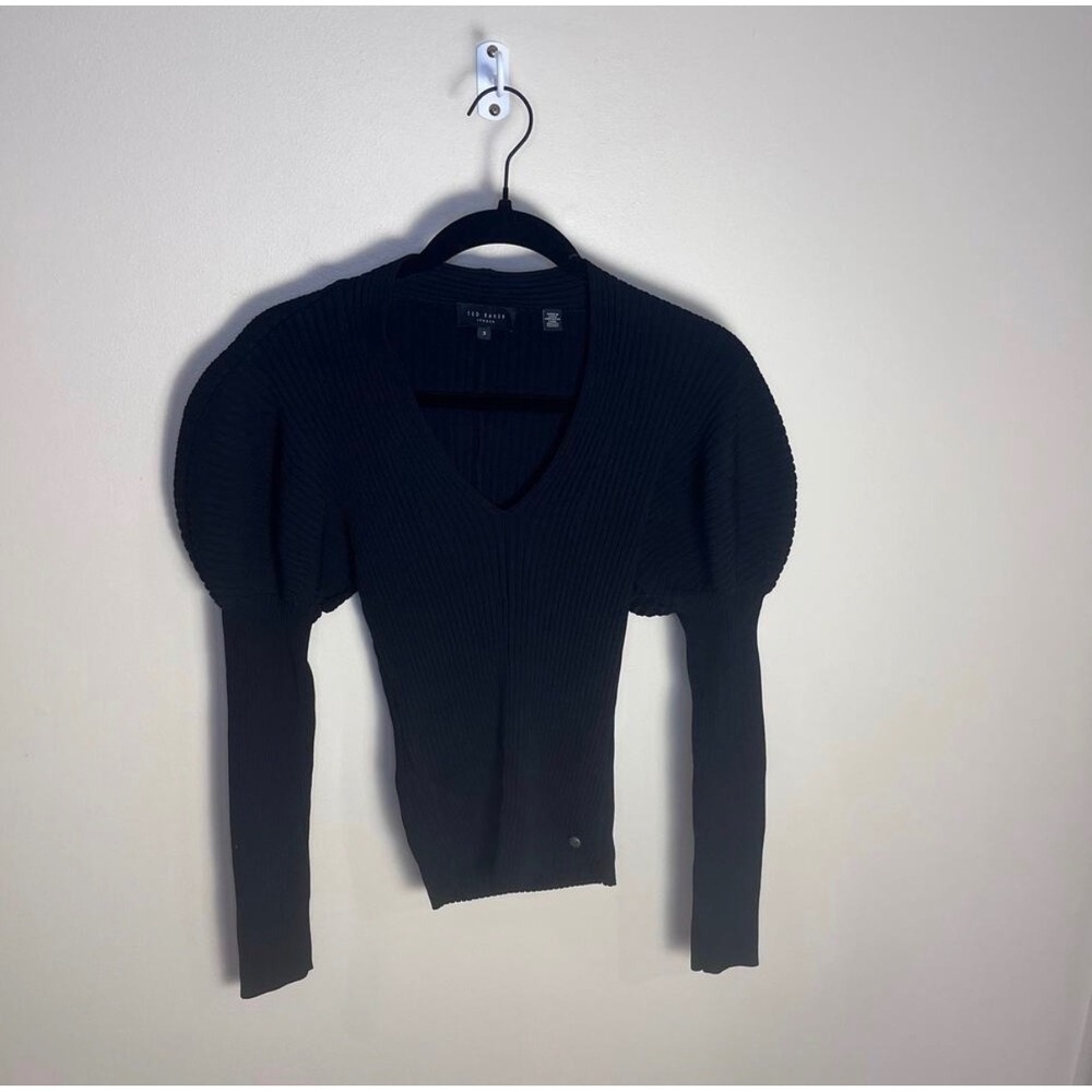 Ted Baker Sweater Women 3 Black Ivery Puff Shoulder V-Neck Ribbed Knit Top - Picture 3 of 9